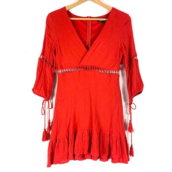 Lulus Dresses & Skirts - Red Waist Cutout Ruffle Boho Tie Sleeve Dress